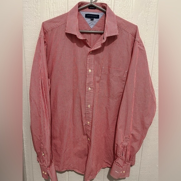 TOMMY HILFIGER size 16.5 36-37 long sleeve button up shirt red white small check - Picture 1 of 4